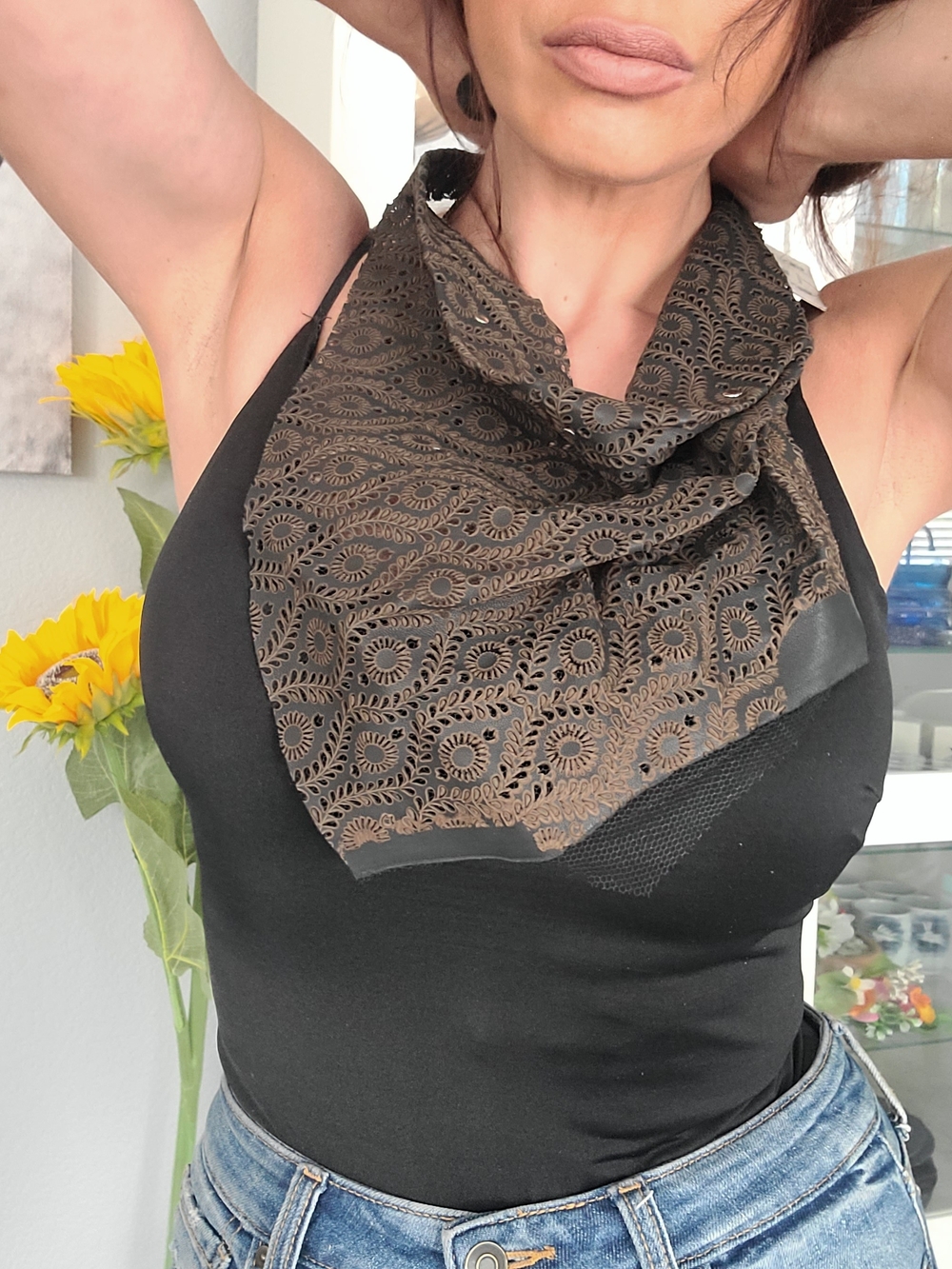 Brown Leather Lace-Pattern Bandana Scarf - Brown